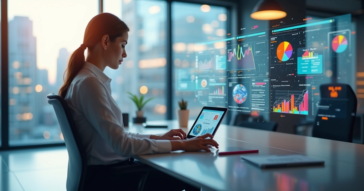 Profissional usando tablet com gráficos financeiros digitais e ícones de automatização e integração ao fundo 