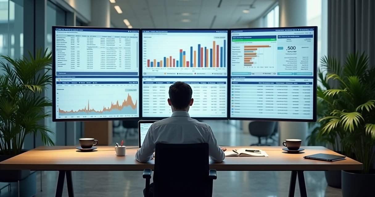 Profissional analisando relatórios financeiros em três telas. 