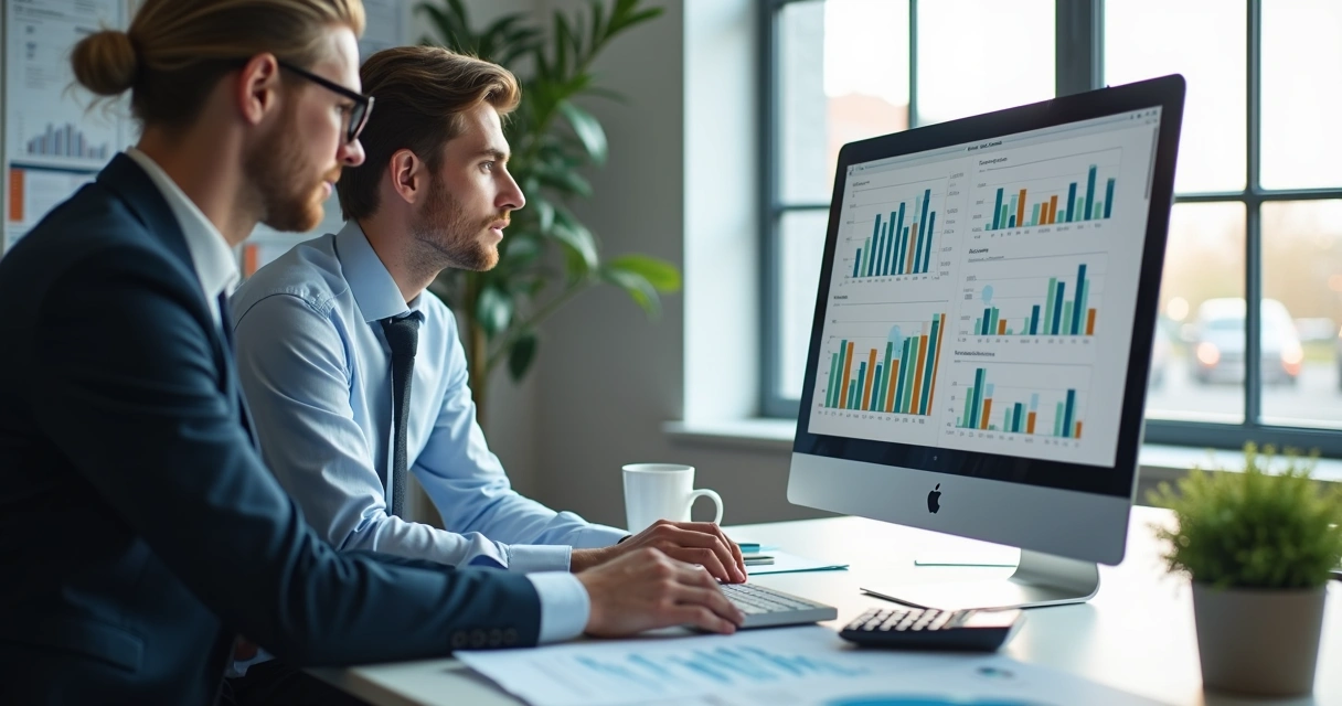 Profissionais de escritório de contabilidade analisando dados financeiros em computador com gráficos e documentos ao redor 