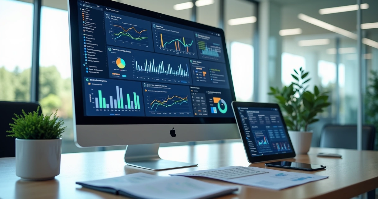 Tela de computador exibindo dashboards financeiros com gráficos e dados na gestão financeira digital 