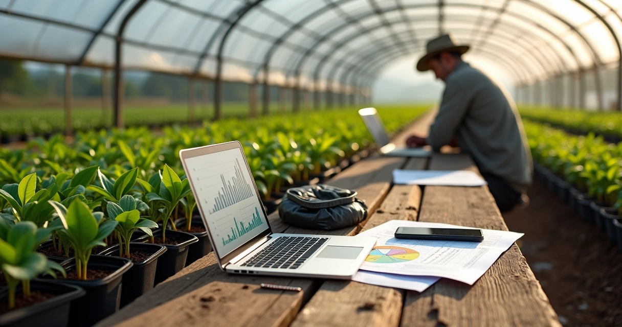 Produtor analisando finanças em notebook dentro de viveiro de mudas 