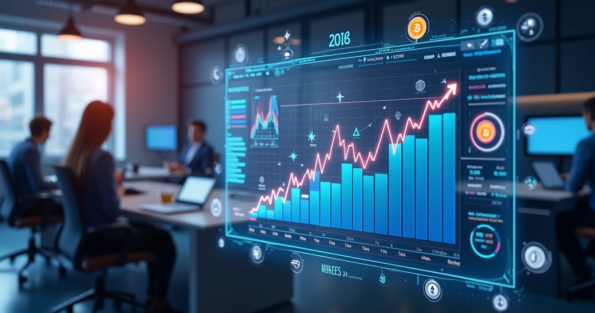 Tela digital com gráficos financeiros futuristas e ícones de criptomoedas integrados a uma interface de gestão financeira corporativa moderna 
