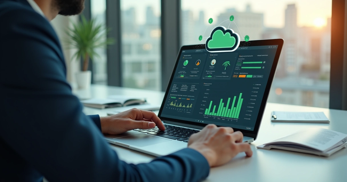 Gestor acompanhando dashboard de firewall em nuvem no notebook