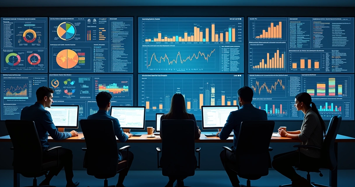 Sala de análise de dados fiscais com painéis digitais 
