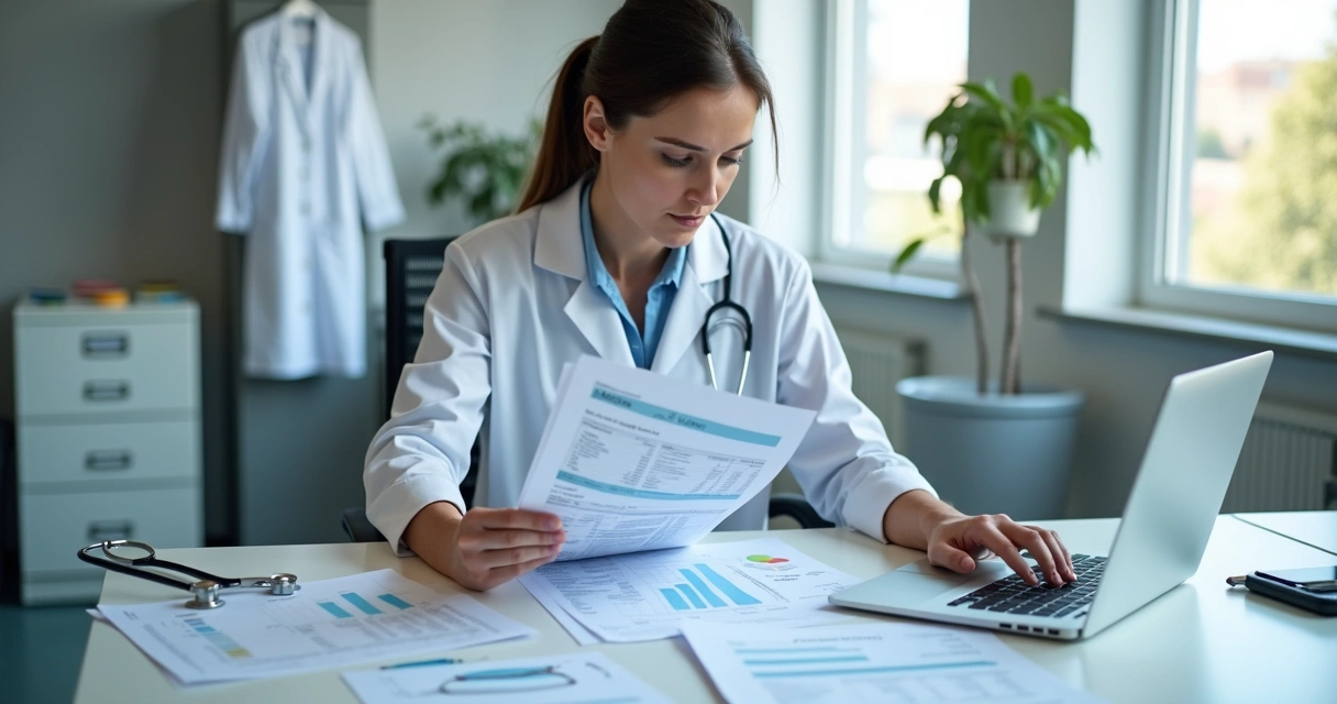 Gestor de clínica analisando documentos fiscais e seguros em escritório médico 