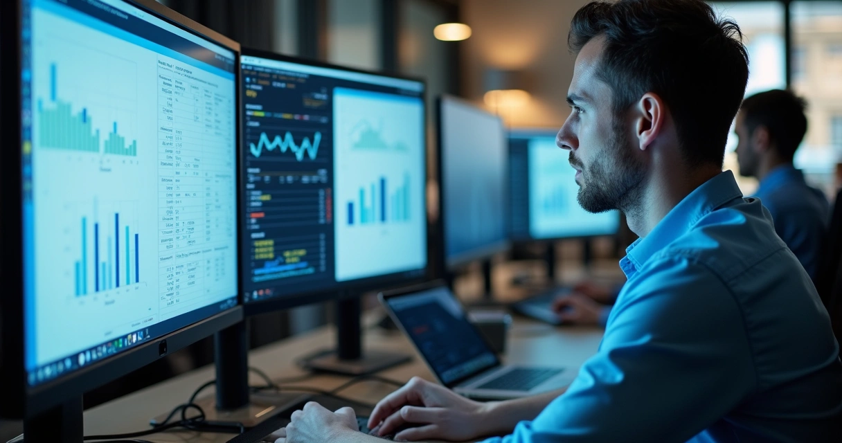 Profissional analisa dados fiscais em computador 