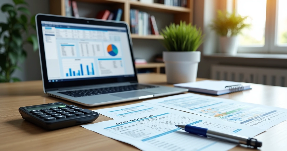 Mesa de escritório com laptop aberto mostrando planilhas financeiras, documentos fiscais eletrônicos e uma calculadora ao lado de um bloco de notas e caneta 