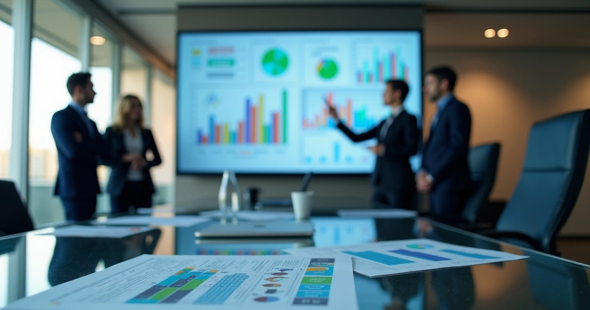 Gestão fiscal digital com equipe analisando dados em telas grandes e papéis