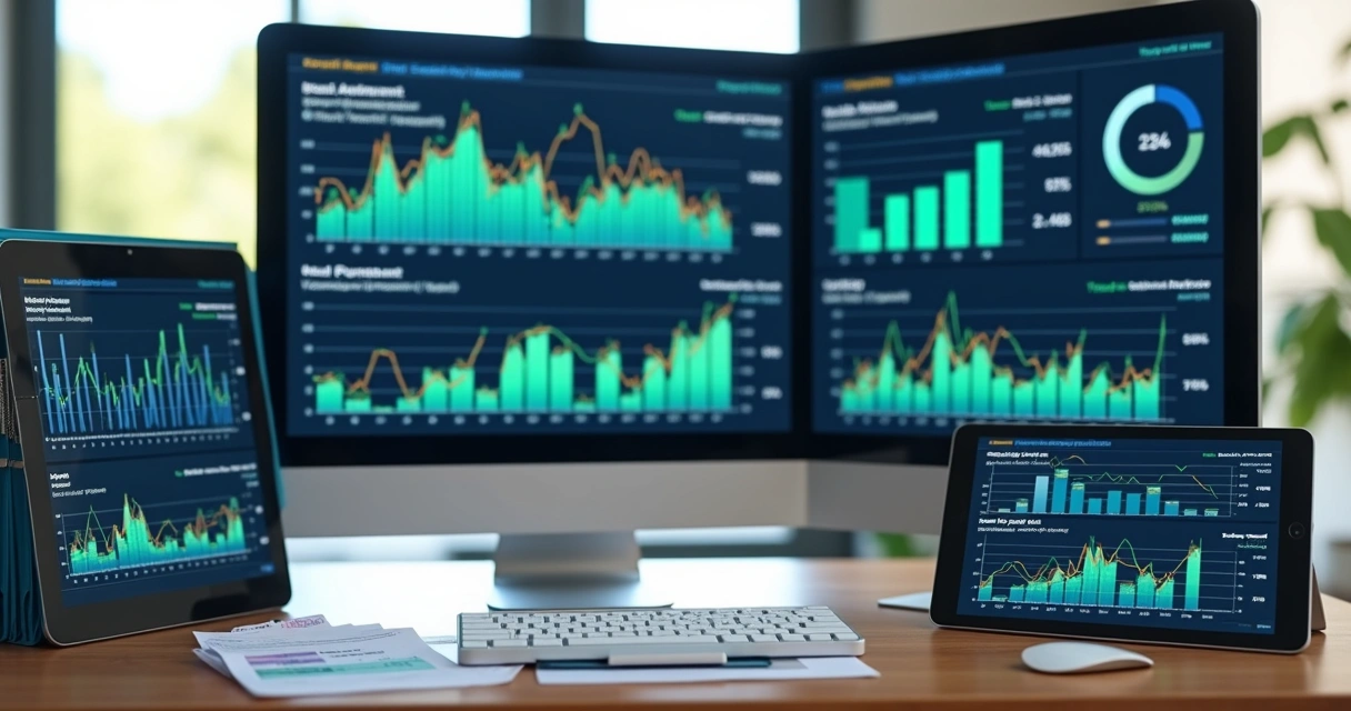 Gestão fiscal digital imobiliária, gráficos coloridos e relatórios abertos na tela 