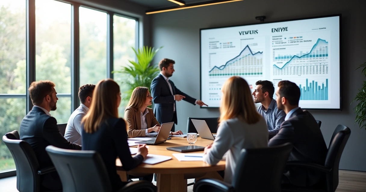 Equipe reunida em mesa redonda analisando gráficos fiscais em tela grande. 