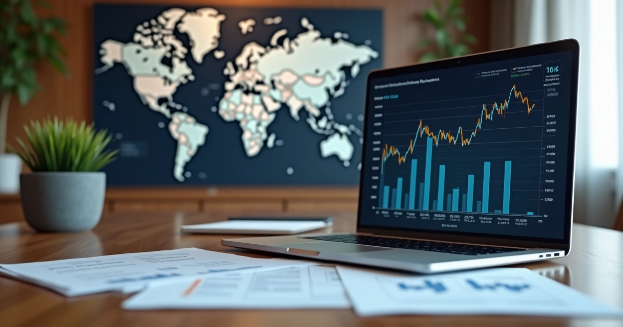 Mesa de escritório com documentos fiscais internacionais, laptop exibindo gráficos financeiros e mapas mundiais ao fundo 