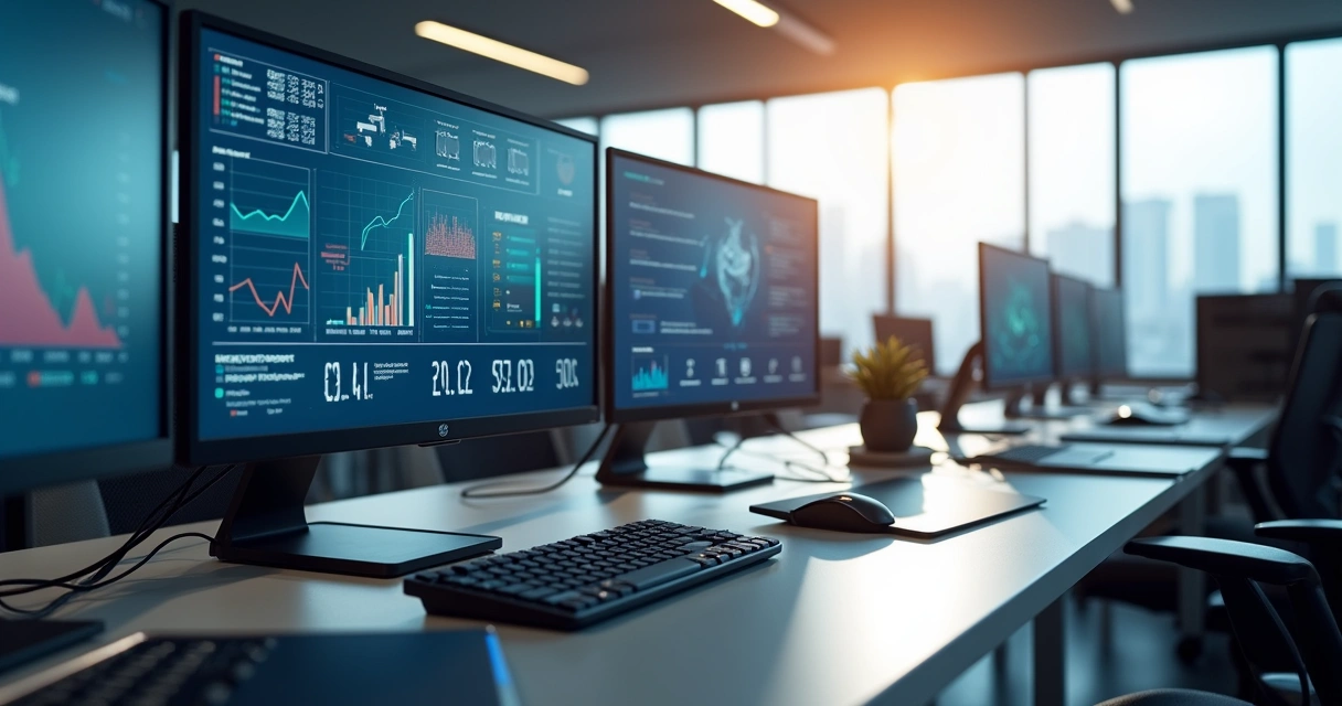 Monitoramento e controle de equipamentos de TI com telas mostrando dados e gráficos em ambiente de escritório moderno 