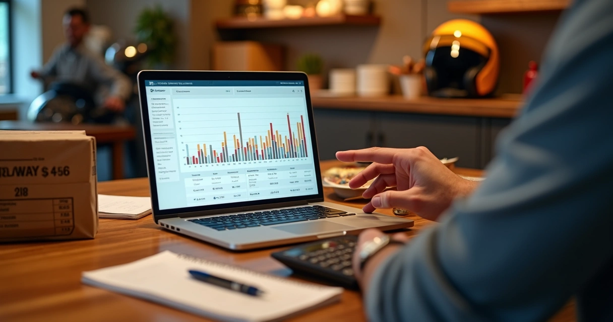 Dono de delivery analisando fluxo de caixa em notebook ao lado de pedidos de comida 