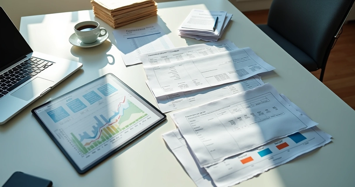 Despesas organizadas em uma mesa com laptop e planilhas de papel. 