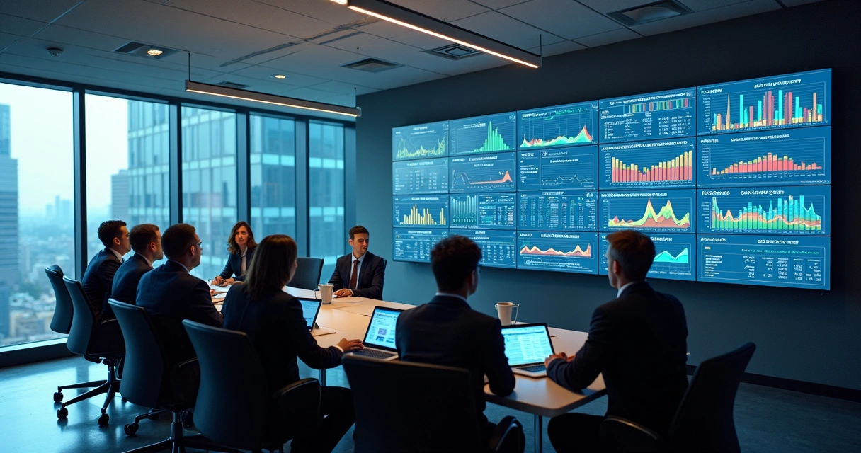 Executivos analisando gráficos de fluxo de caixa em um escritório moderno 
