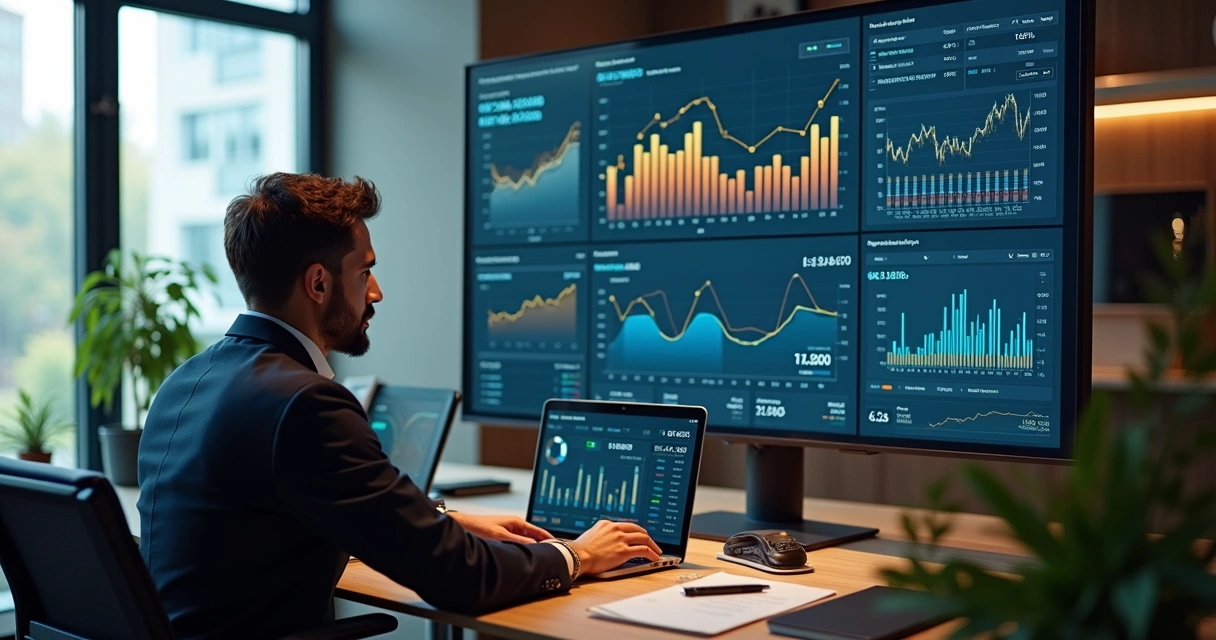 Gestão de fluxo de caixa com gráficos em tela de computador 