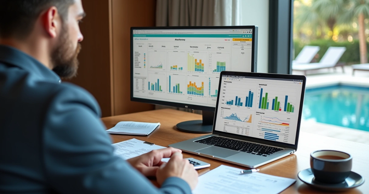 Gestor de hotel analisando fluxo de caixa anual no computador com calendário e gráficos financeiros 