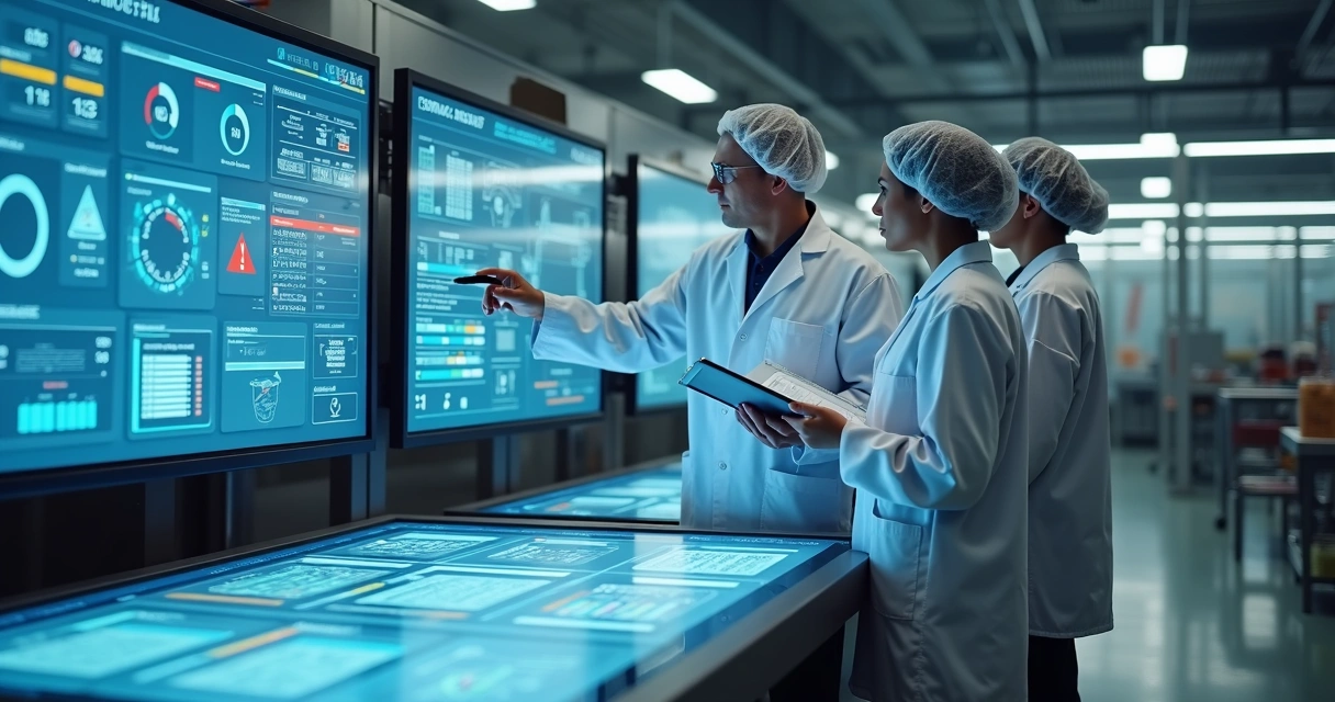 Gestores analisando fluxo de informações em indústria de alimentos com telas de dados 