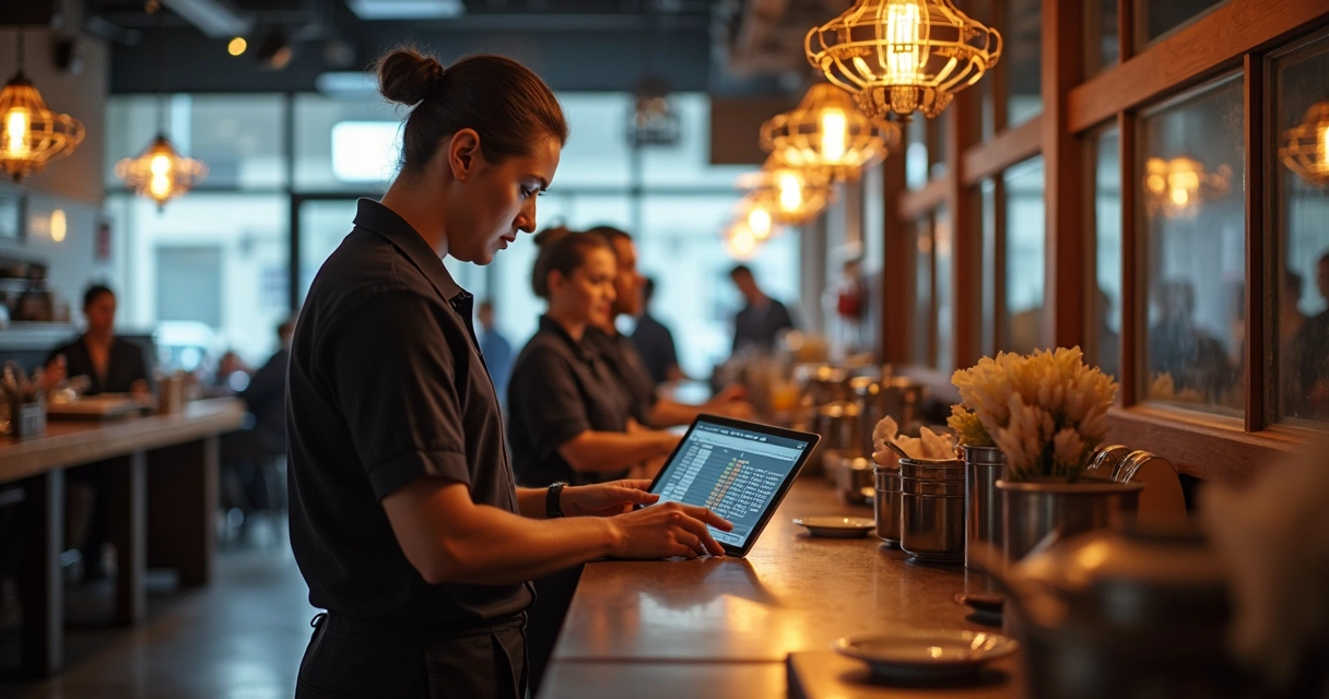 Equipe coordenando pedidos em salão de restaurante utilizando sistema digital 