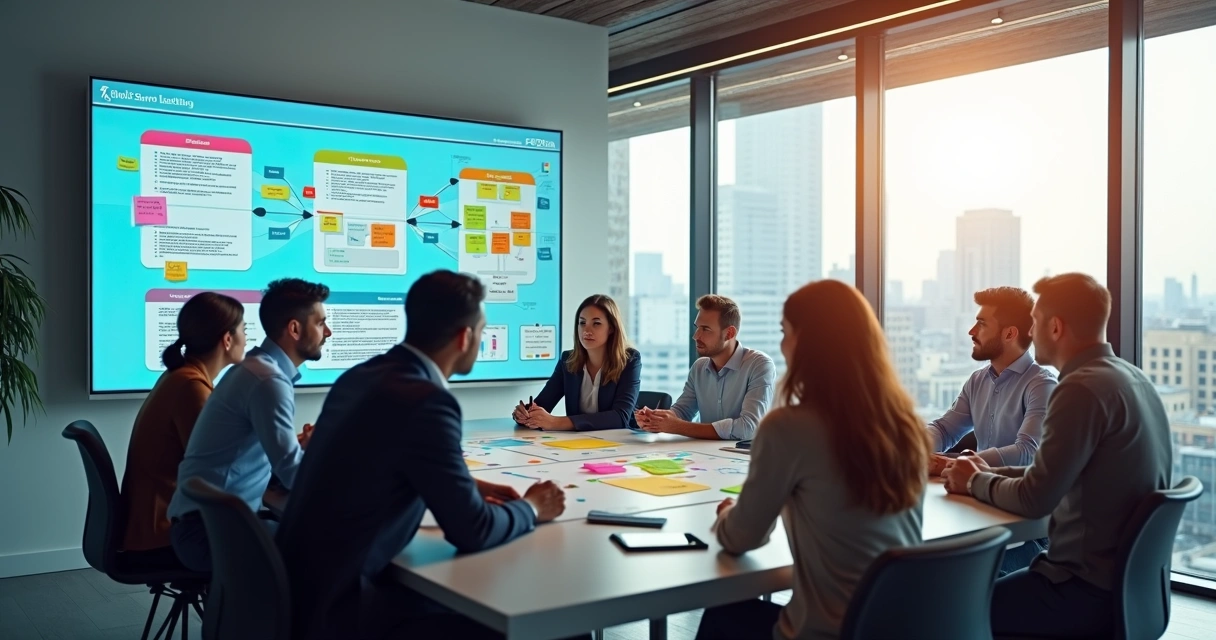 Gestor de processos em sala de reunião com telas digitais de workflow ao fundo 