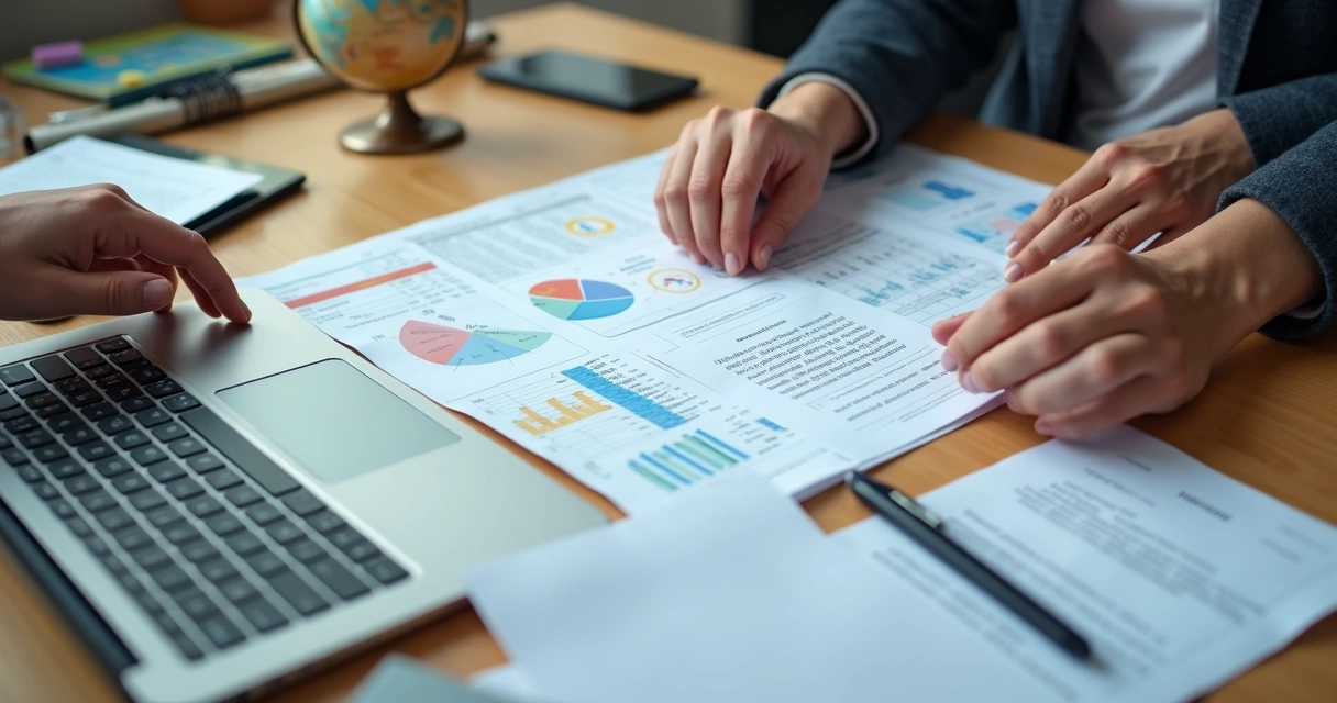 Mesa de escritório com vários documentos, laptop aberto com planilhas de fornecedores e agenda, mãos organizando contratos de parceiros turísticos 