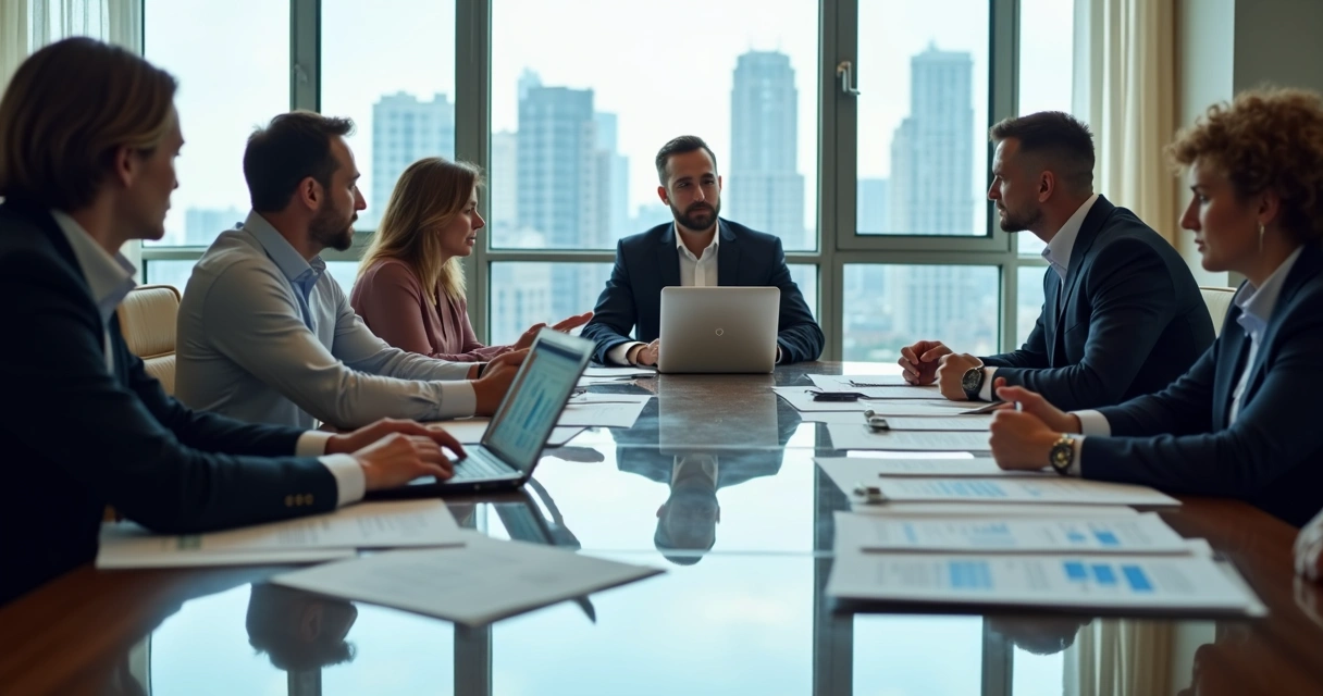 Síndico analisando contratos e propostas de fornecedores em sala de reuniões 