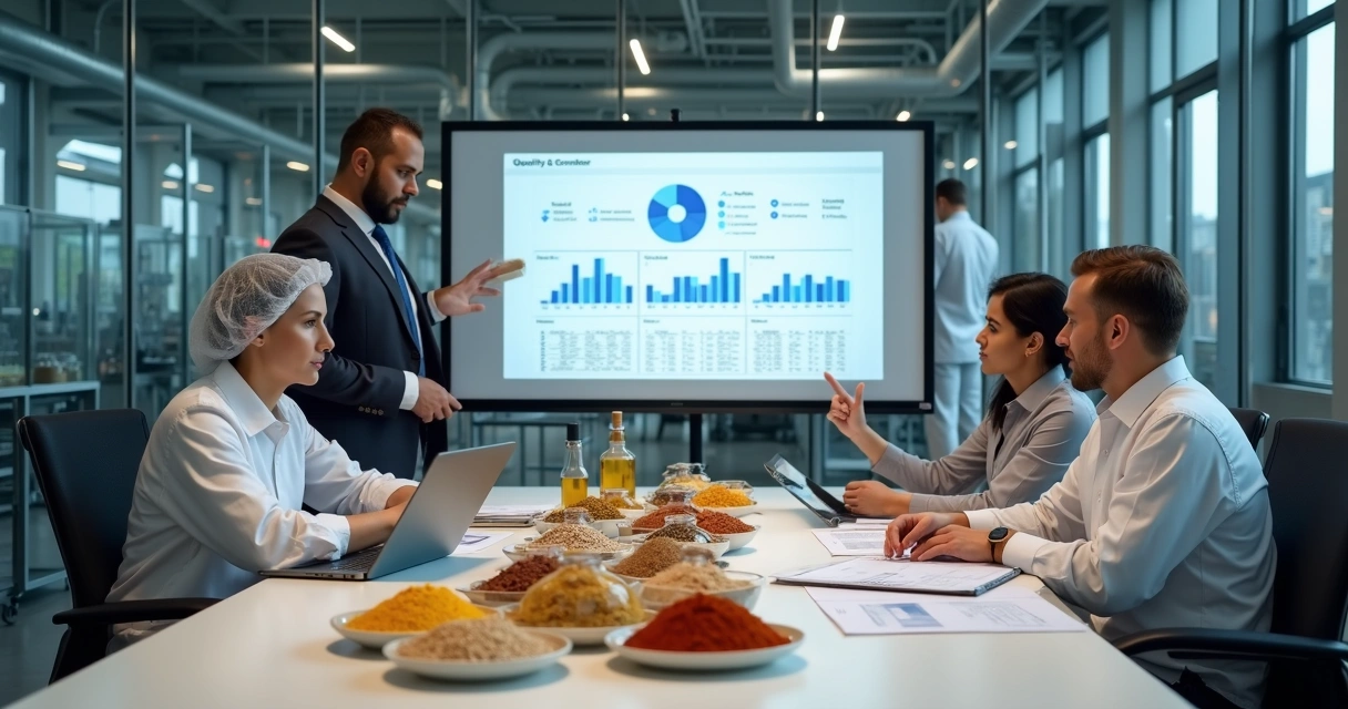 Gestor de qualidade avaliando fornecedores de ingredientes em fábrica de alimentos 