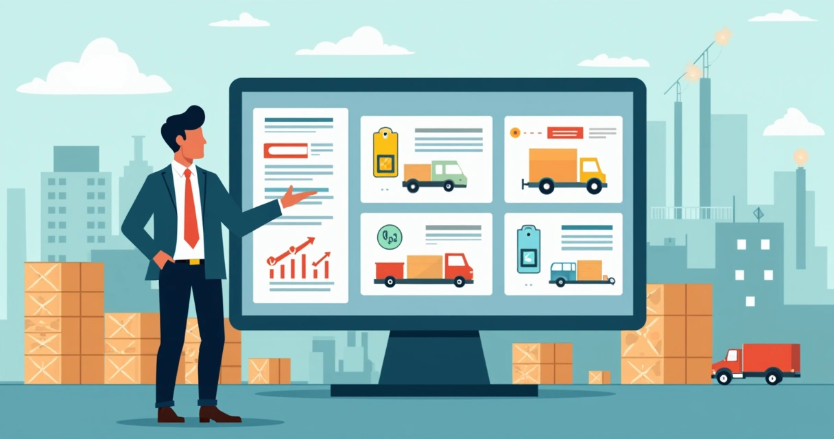 Gestor de PME avaliando fornecedores em painel com gráficos e cadeias de suprimentos 