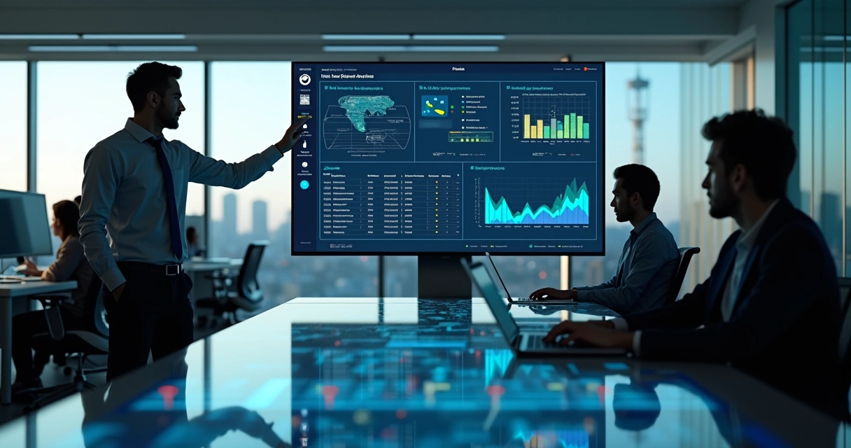 Equipe de TI analisando painel digital de gestão de fornecedores 