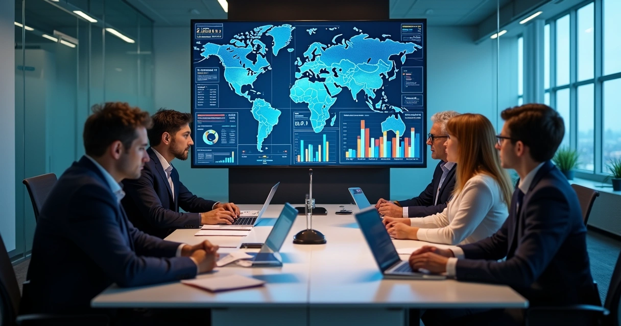 Painel digital com gráficos de desempenho de franquias, pessoas analisando dados de gestão na tela 