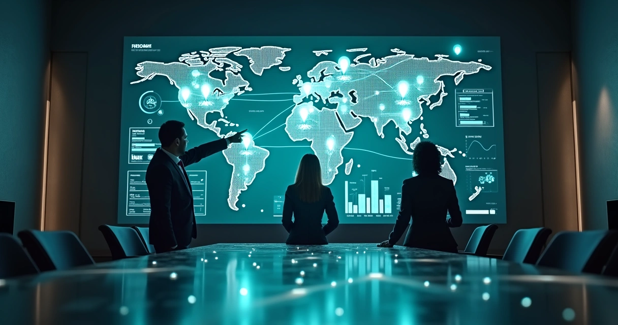 Executivos analisando painel digital com dados de franquias e ícones de inteligência artificial 