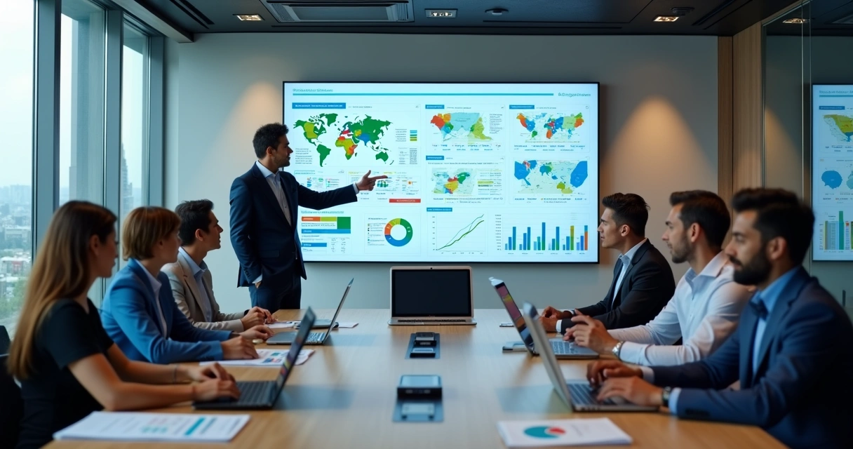Reunião de gestores de franquias analisando indicadores em painel digital 