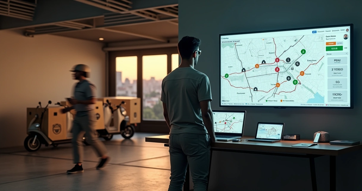 Gestor de delivery analisando rota otimizada para frota de motos em painel digital 