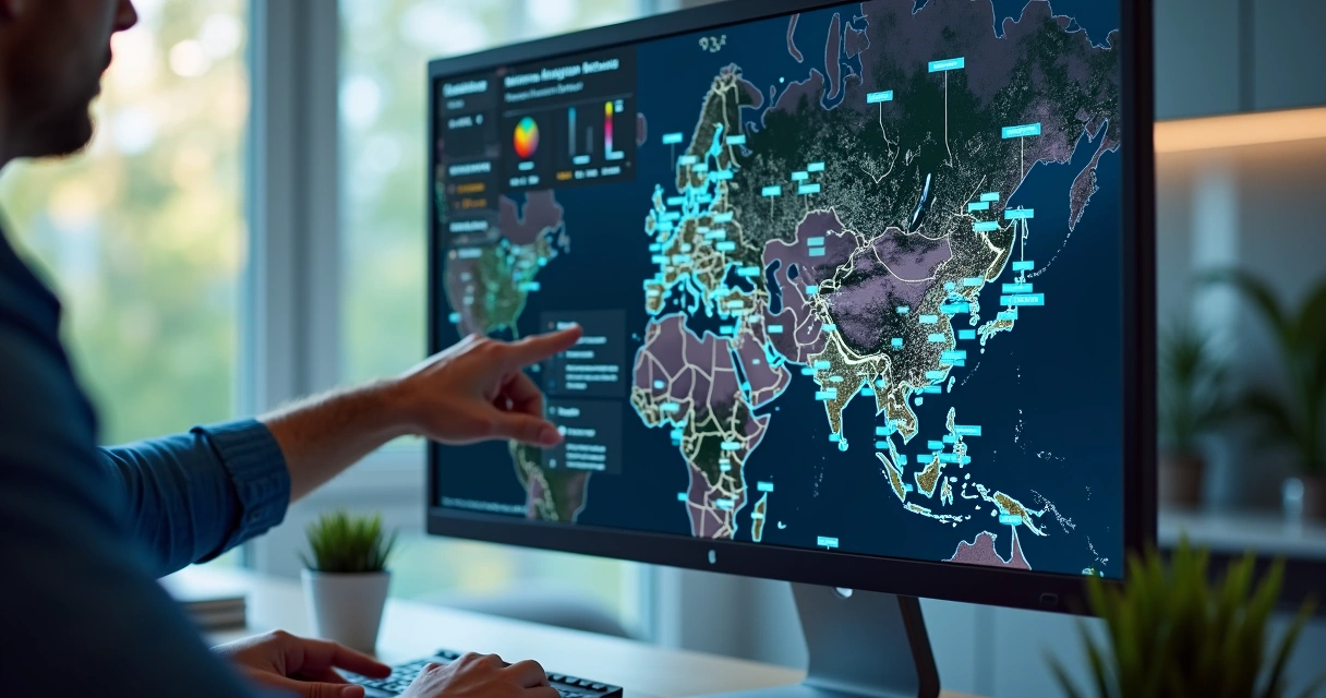 Monitoramento digital de frotas com mapa, rota e alertas em tela de computador 
