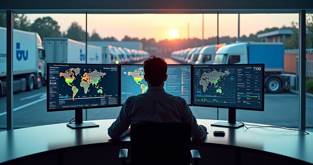 Gestor acompanhando frota de caminhões em painel digital com mapa 
