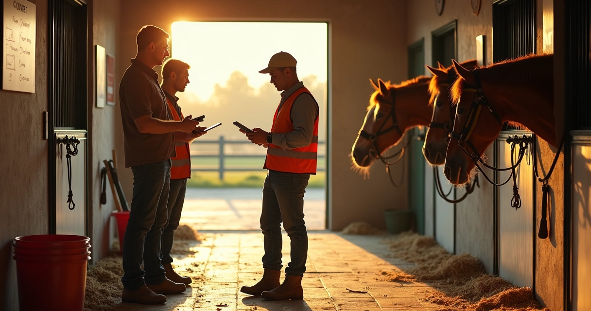 Gestor de haras orientando funcionários em estábulo organizado 