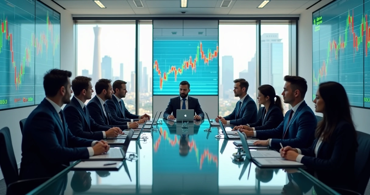 Gestores analisando gráficos financeiros e relatórios de fundos de investimento