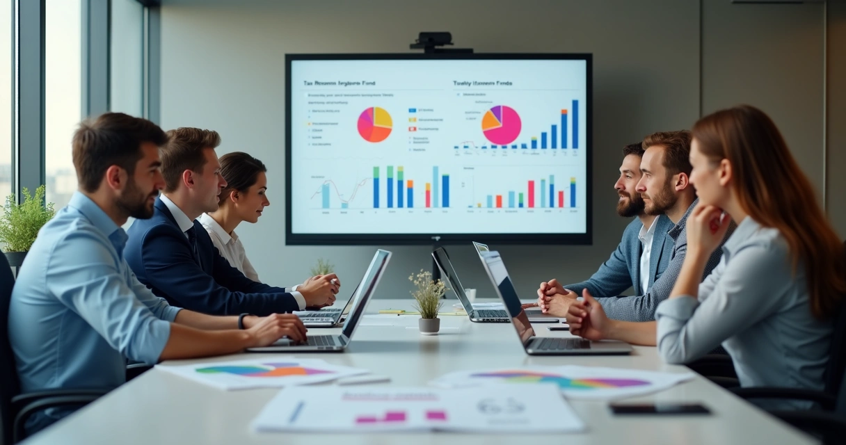 Reunião sobre fundos de investimento com gráficos, tabelas e computadores 