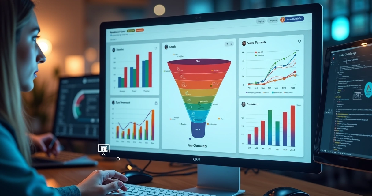 Representação fotorealista de painel digital mostrando funil de vendas com etapas e dados de CRM para gestão comercial 