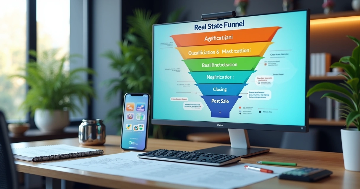 Representação visual de funil de vendas imobiliário com etapas e gráficos em tela de computador 