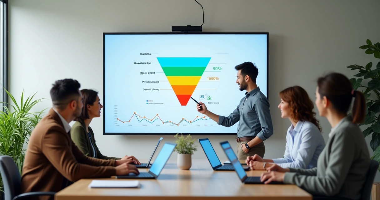 Pequena equipe analisando funil de vendas em painel digital 