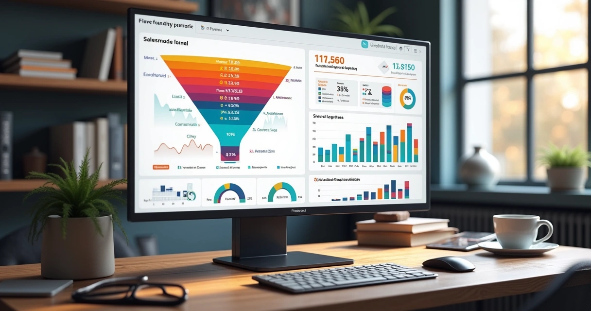 Pessoa analisando gráficos de funil de vendas no setor jurídico em tela de computador moderno 