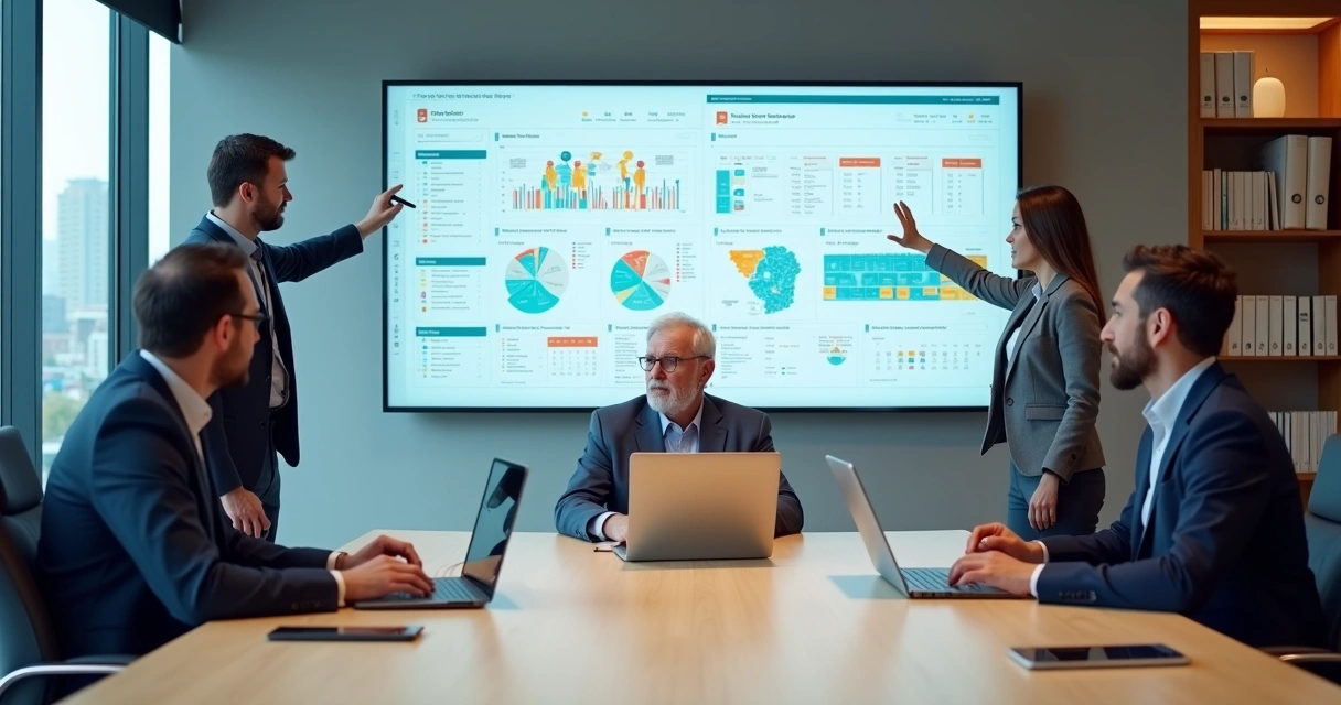 Equipe de gabinete político usando painel digital para organizar demandas de eleitores 
