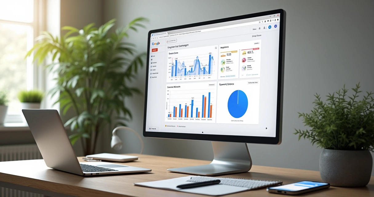 Tela de computador exibindo painel do Google Ads com gráficos e ajustes em campanha de pesquisa focada em orçamento pequeno 