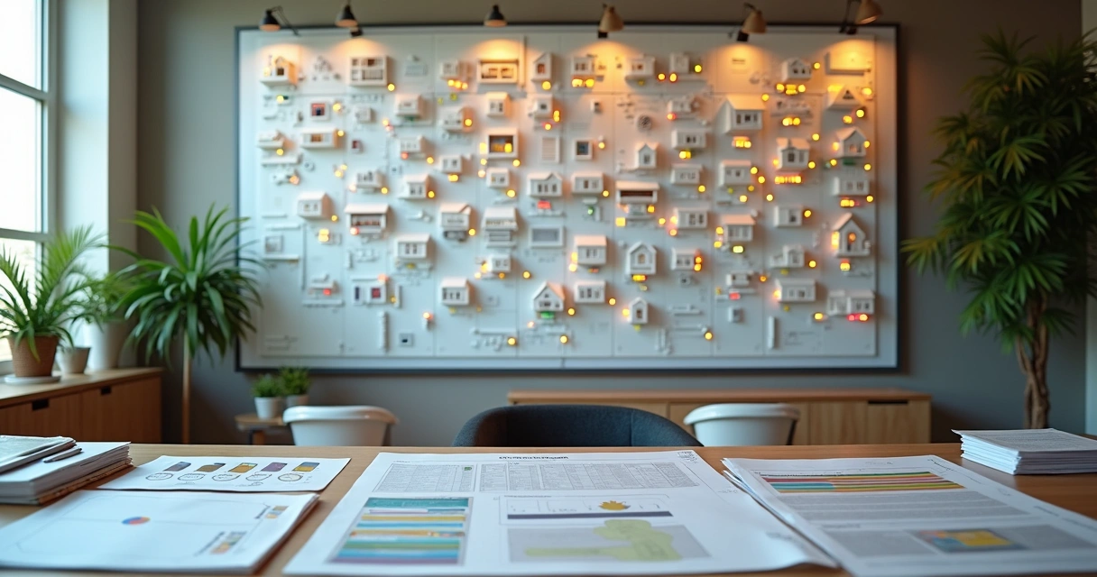 Mapa visual de grande carteira de imóveis com ícones de automação e dados financeiros 