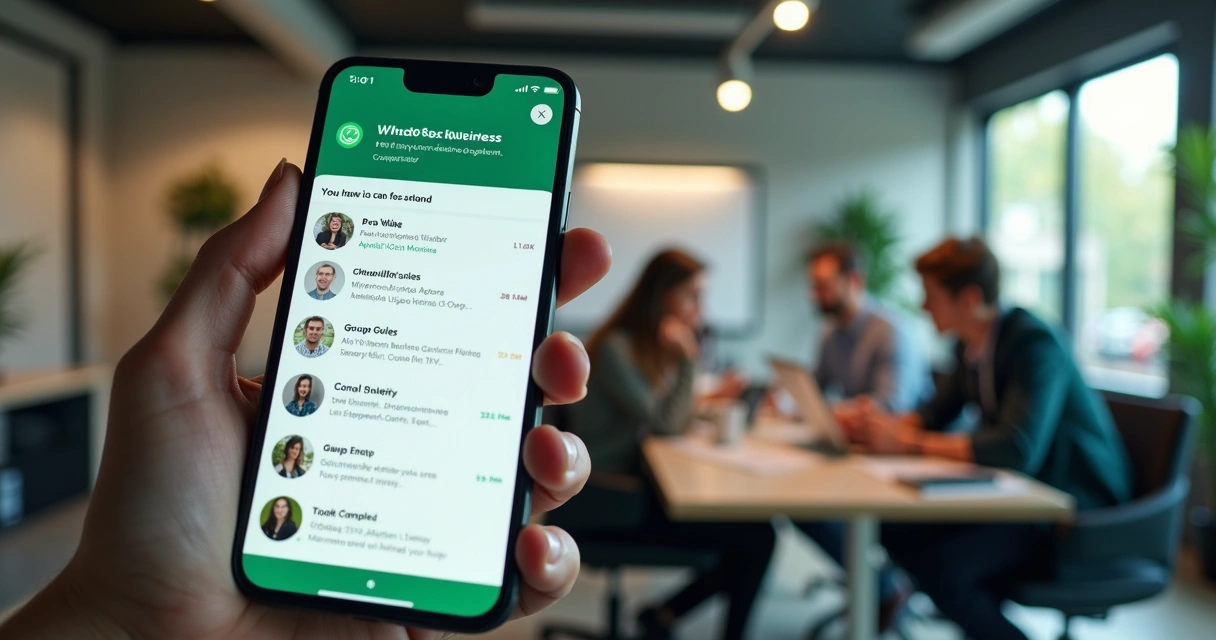 Tela de smartphone mostrando gestão automatizada de grupo empresarial