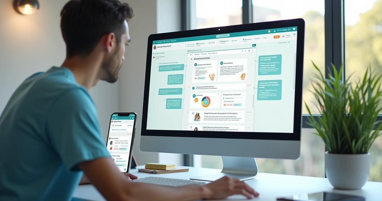 Computador e celular exibindo gestão automatizada de grupos de pacientes em interface moderna e colorida 