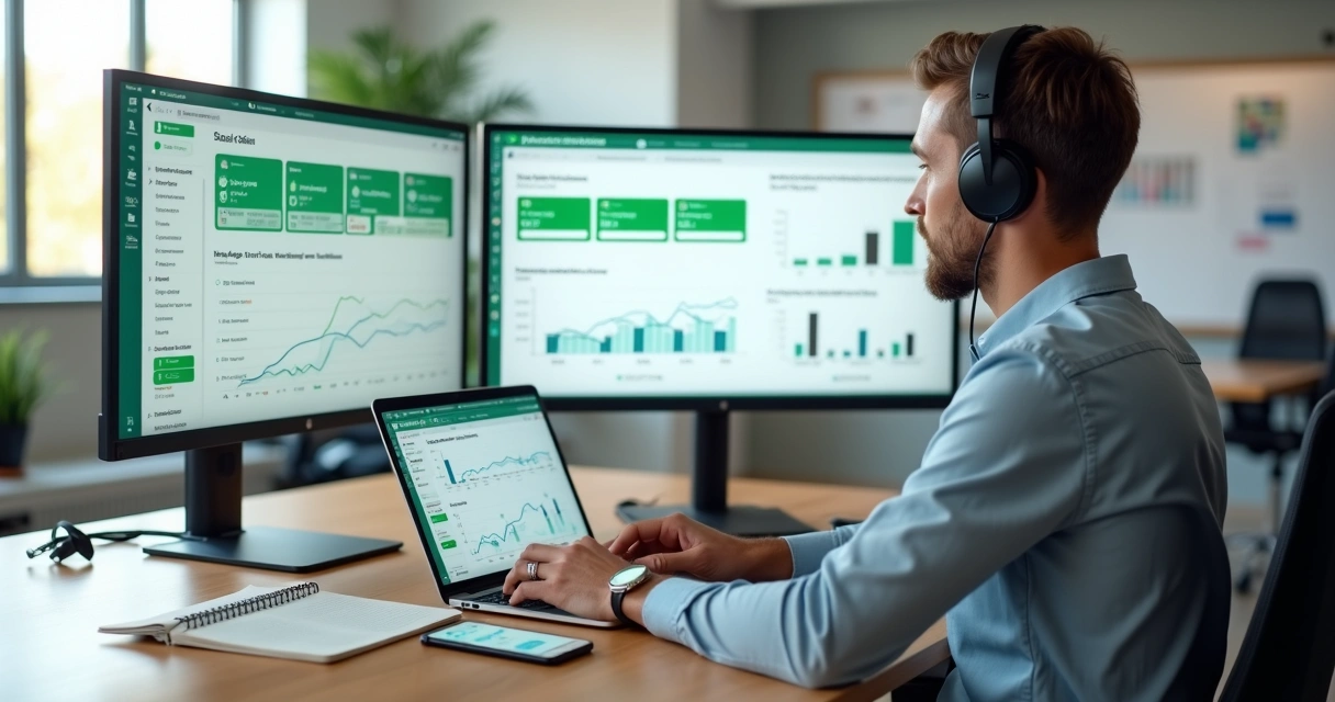 Gestor de marketing monitorando no laptop vários grupos de WhatsApp em telas com gráficos 