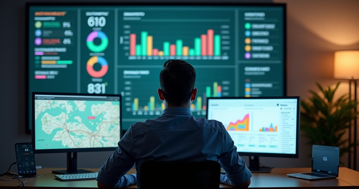 Gestor consultando painel digital de analytics para grupos de WhatsApp com gráficos e notificações 