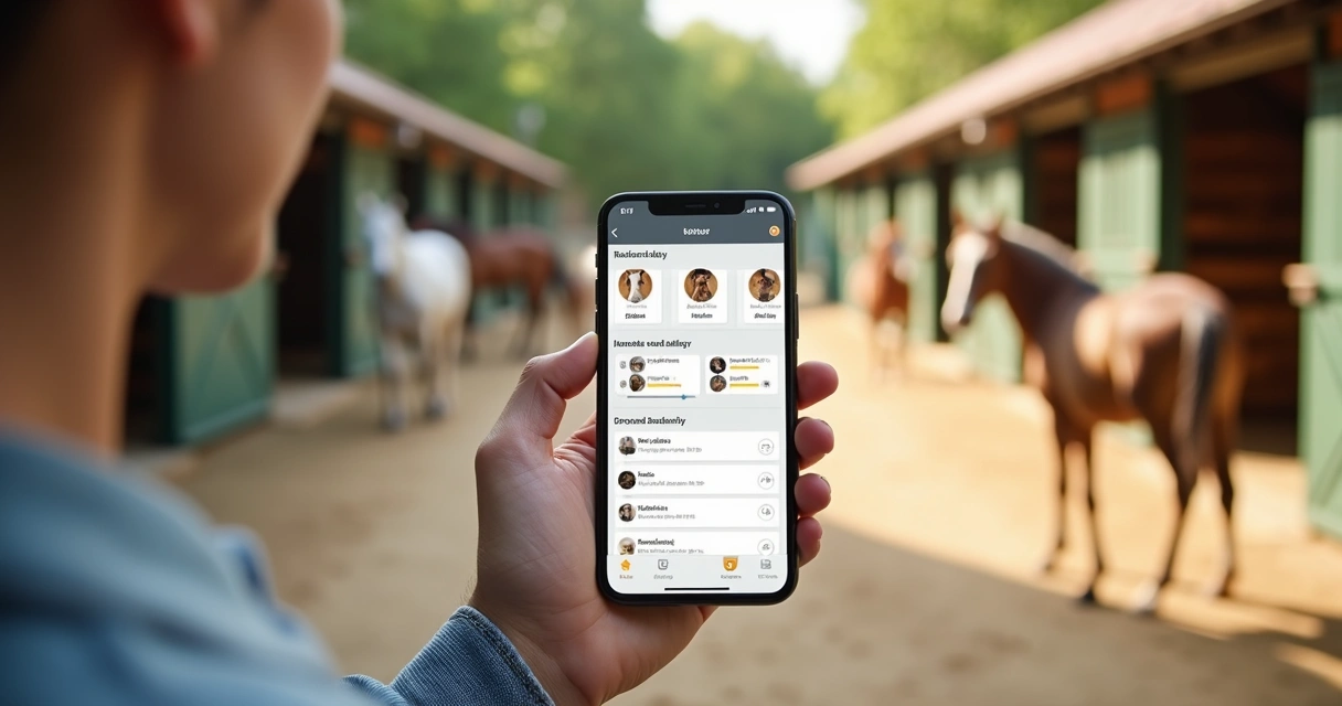 Pessoa usando smartphone com interface de aplicativo de gestão de haras mostrando dados de cavalos e tarefas 
